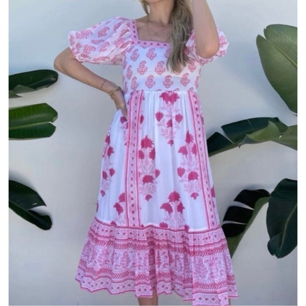 Tuckernuck Oliphant Puff Sleeve Midi Dress in Jaipur Pink & White Sz. XS